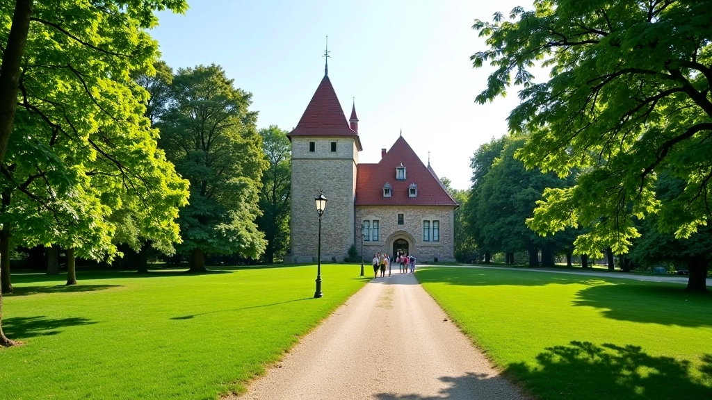 Cēsu pils parks ar viduslaiku arhitektūru un zaļajiem dārziem